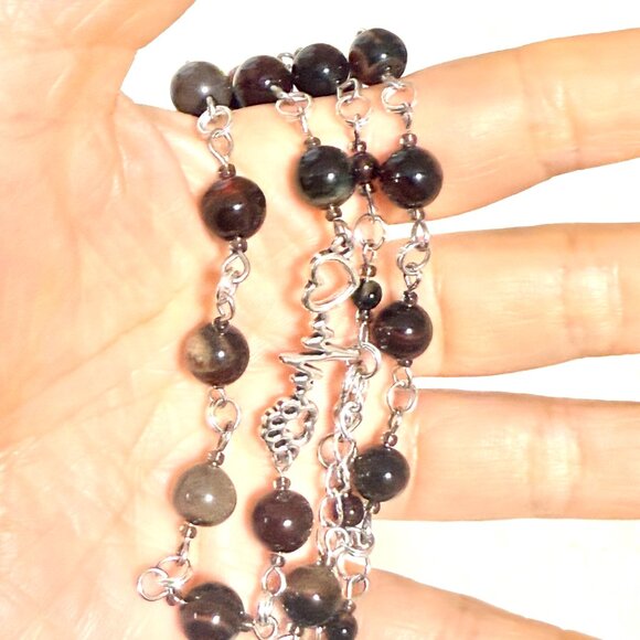 Genuine Dark Brown Agate Necklace, Natural Gemstone & Paw Print Heart Beat Charm - Picture 14 of 14